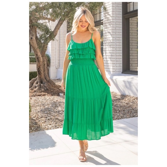 Emerald Green Rayon Gauze Ruffle Smocked Waist Sleeveless Midi Dress